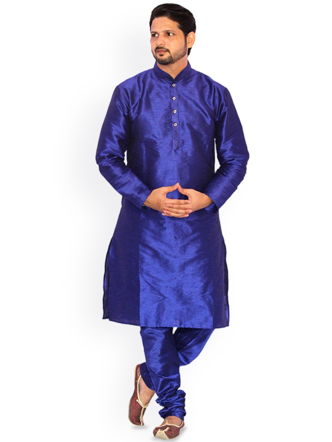 

Om Shubh Mangalam Dupion Silk Mandarin Collar Straight Kurta With Pyjamas, Blue