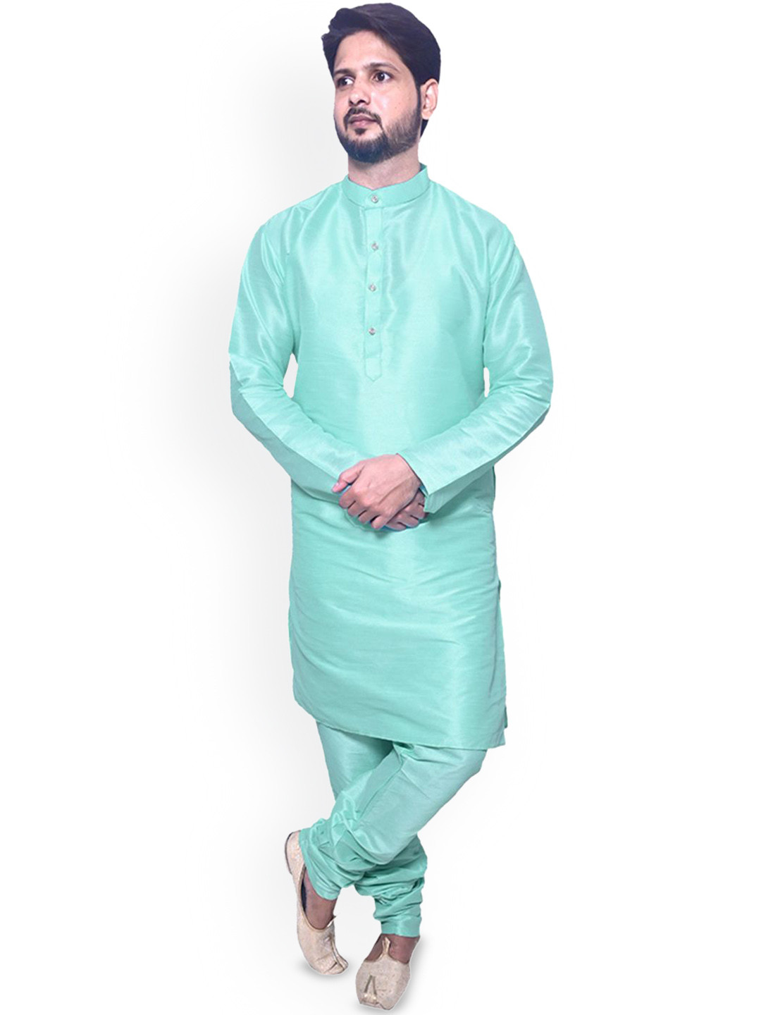 

Om Shubh Mangalam Dupion Silk Mandarin Collar Straight Kurta With Pyjamas, Turquoise blue