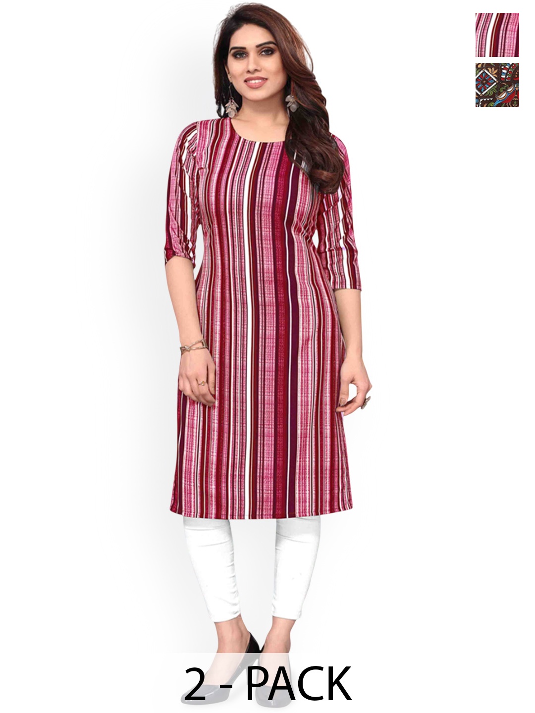 

KETAKI FASHION Selection Of 2 Striped Round Neck Straight Kurtas, Pink
