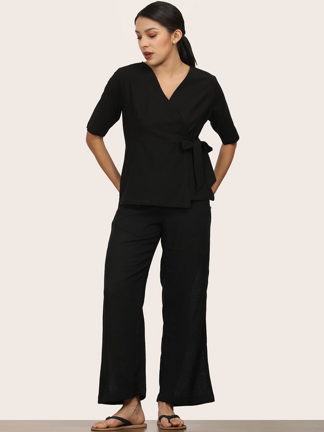 

Saltpetre V-Neck Organic Cotton Top With Trousers, Black