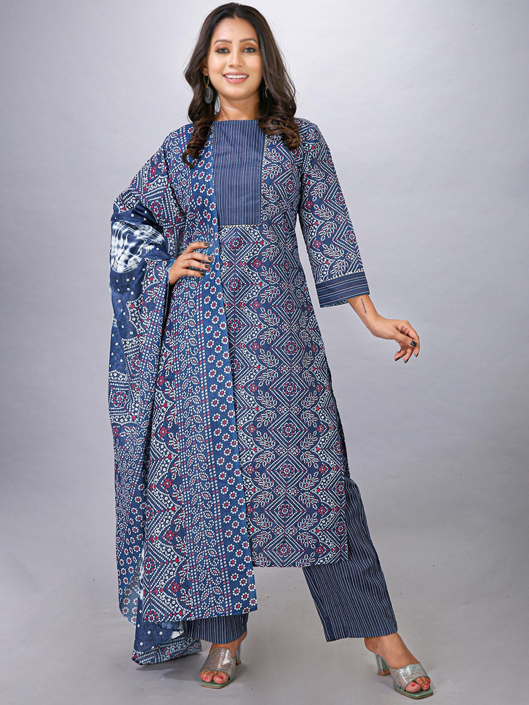 

Krimmple Bandhani Printed Round Neck Gotta Patti Straight Kurta With Trouser And Dupatta, Blue