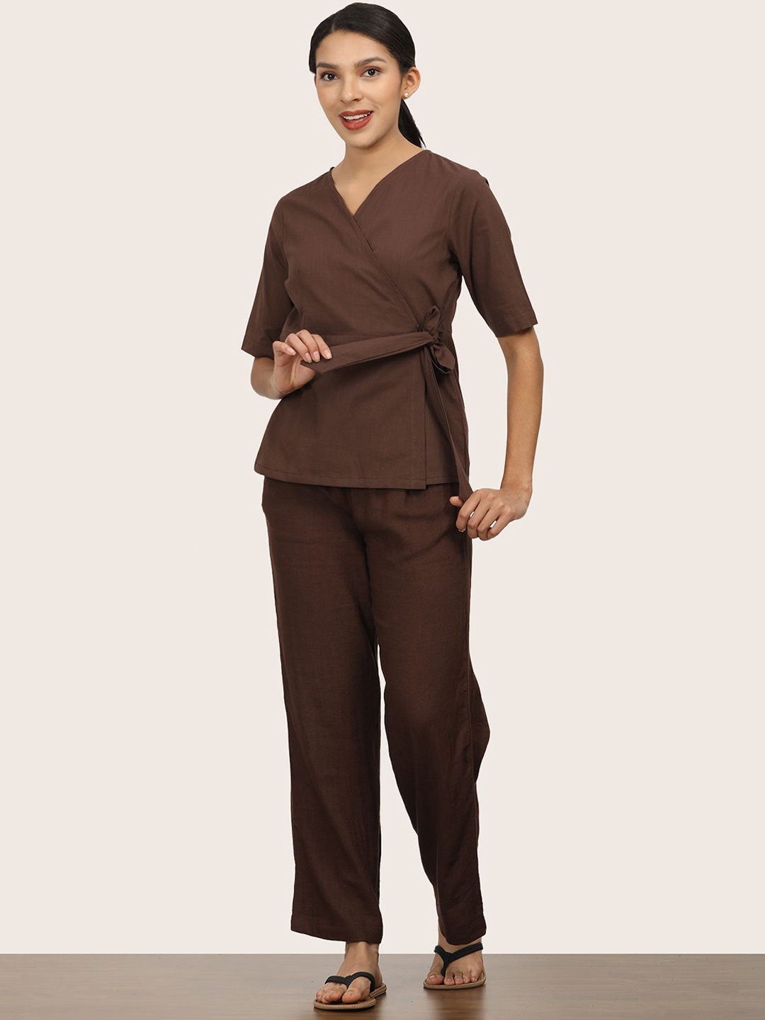 

Saltpetre V-Neck Pure Cotton Side Tie-up Top With Trousers, Coffee brown