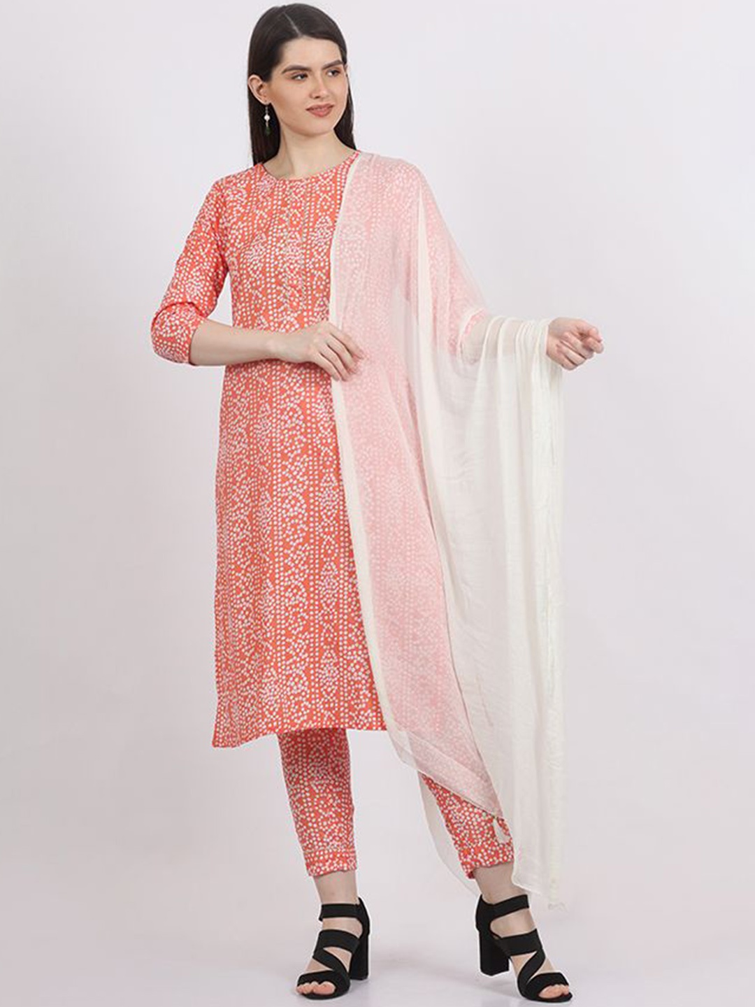 

Krimmple Bandhani Printed Gotta Patti Pure Cotton Straight Kurta With Trousers And Dupatta, Coral