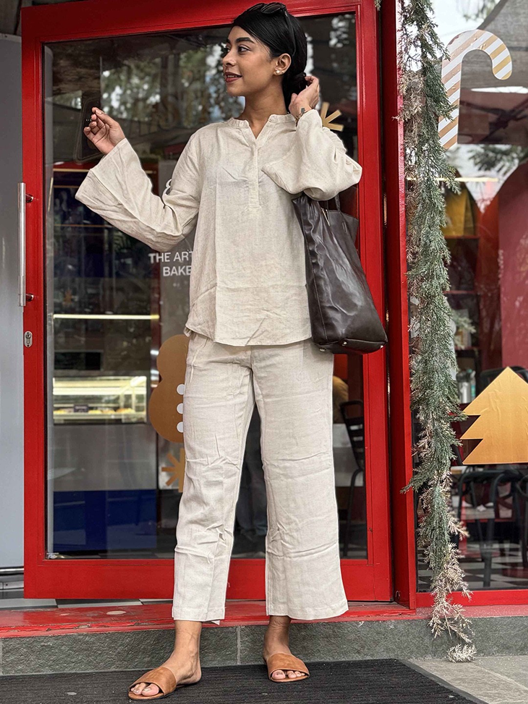 

Saltpetre Bell Sleeve Split V-neck Linen Tunic With Trousers, Beige