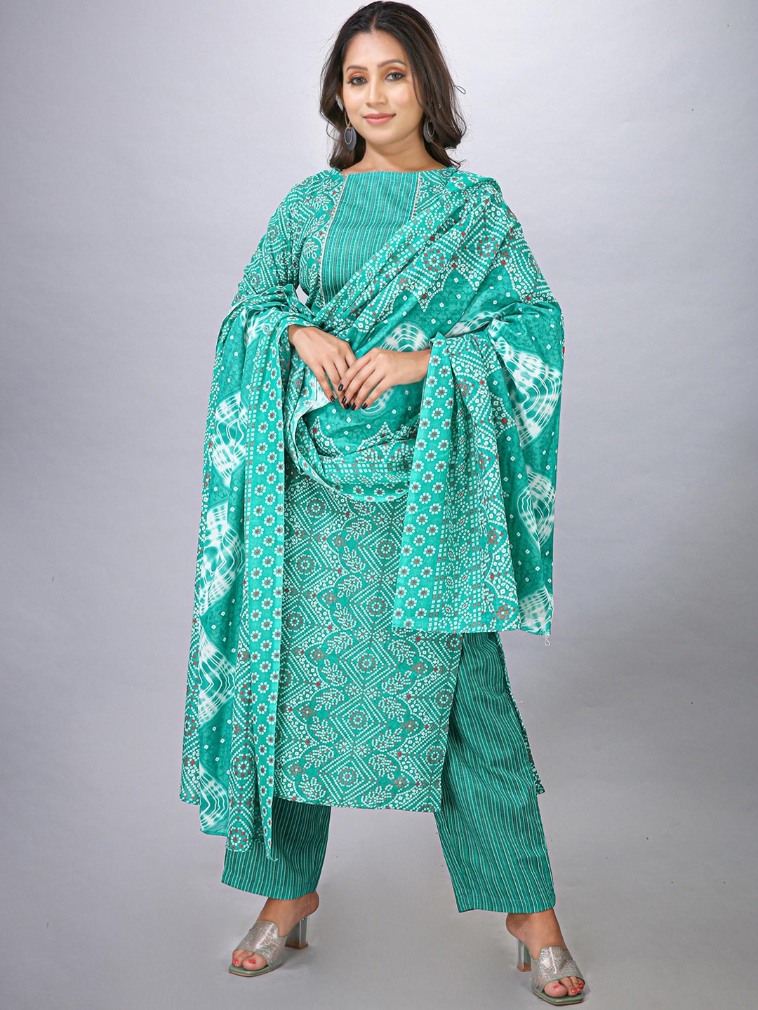 

Krimmple Bandhani Printed Round Neck Gotta Patti Straight Kurta With Trouser And Dupatta, Sea green