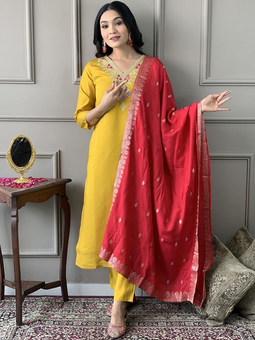 

S.K.C Women Embroidered Straight Chanderi Cotton Kurta With Trousers And Dupatta, Mustard