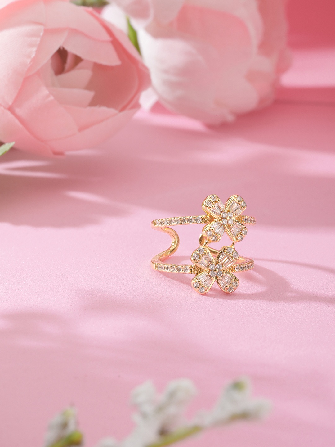 

DressBerry Women Stone-Studded Floral-Shaped Adjustable Finger Ring, Gold