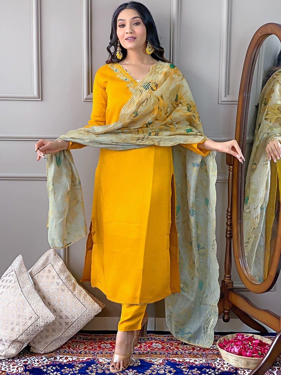 

S.K.C Floral Embroidered Straight Zari Kurta With Trousers And Dupatta, Yellow