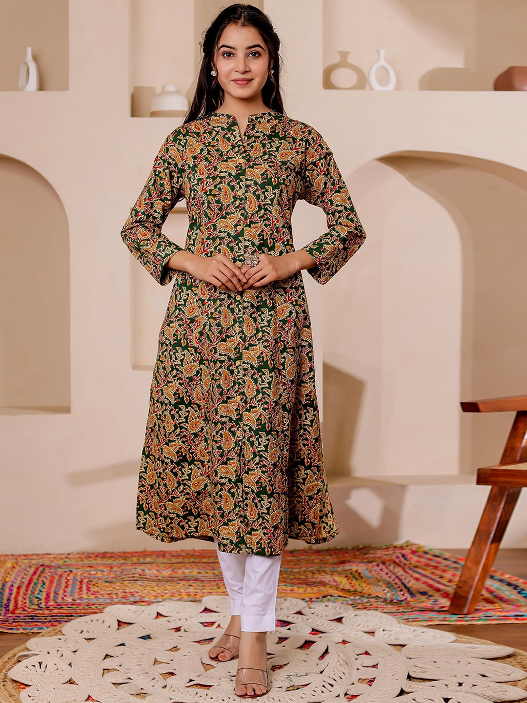 

VASVI Paisely Printed Mandarin Collar Kalamkari Cotton A-Line Kurta, Green