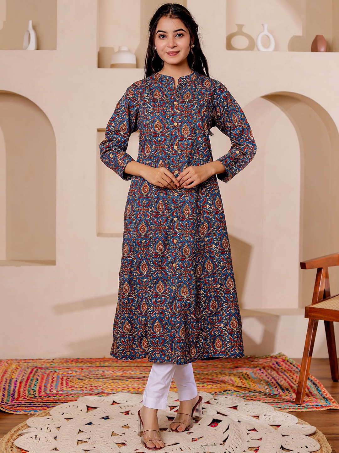 

VASVI Paisely Printed Mandarin Collar Kalamkari Cotton A-Line Kurta, Blue