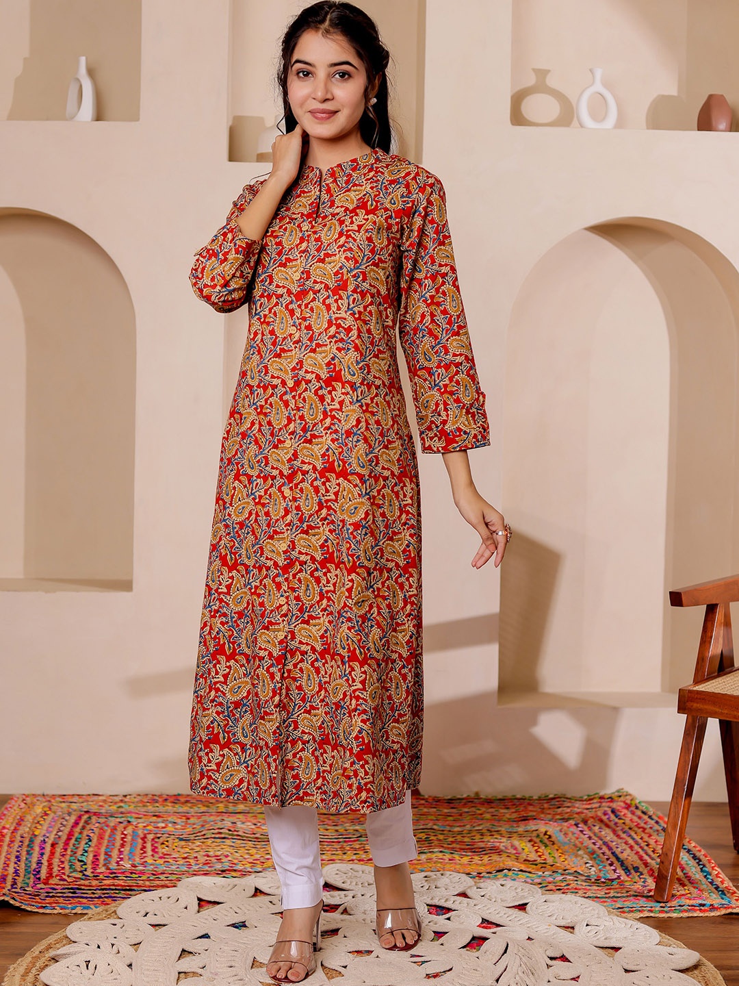 

VASVI Paisely Printed Mandarin Collar Kalamkari Cotton A-Line Kurta, Red