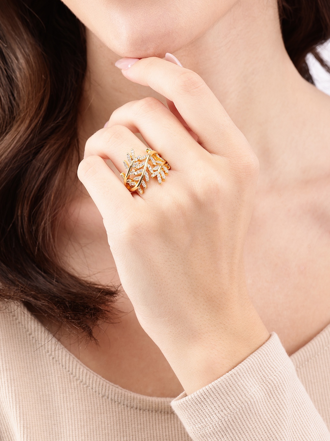 

DressBerry Women Stone-Studded Leaf-Shaped Adjustable Finger Ring, Gold