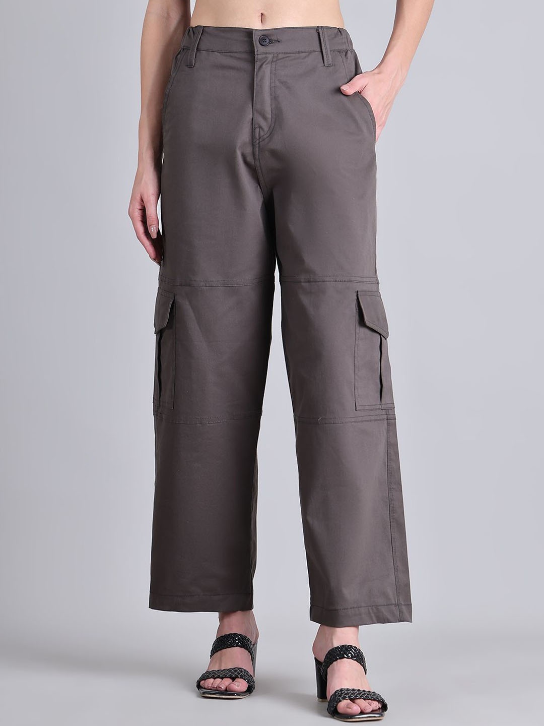 

TAG 7 Women Relaxed Straight Leg Straight Fit High-Rise Cargos Trousers, Grey