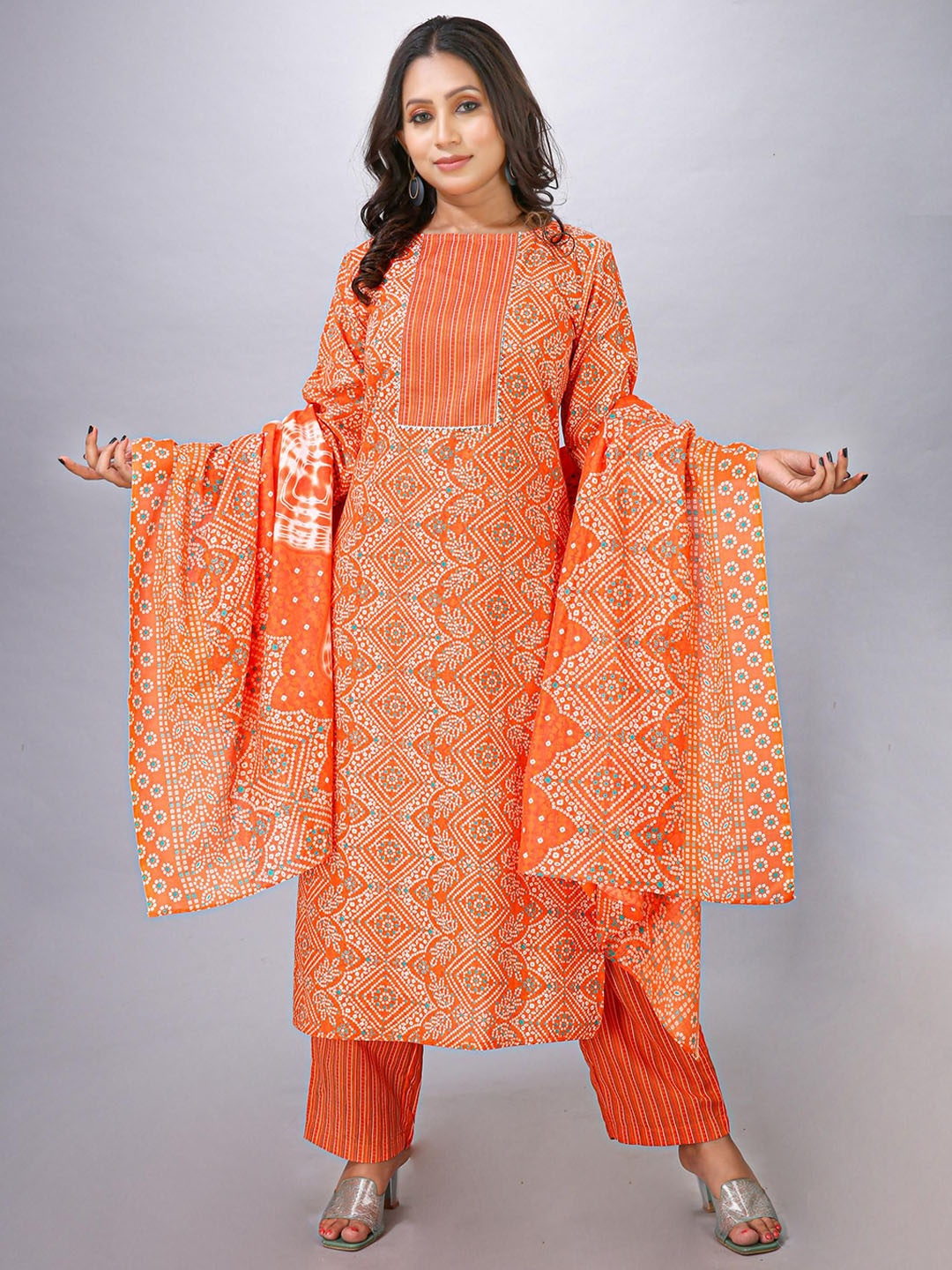 

Krimmple Bandhani Printed Round Neck Gotta Patti Straight Kurta With Trouser And Dupatta, Orange