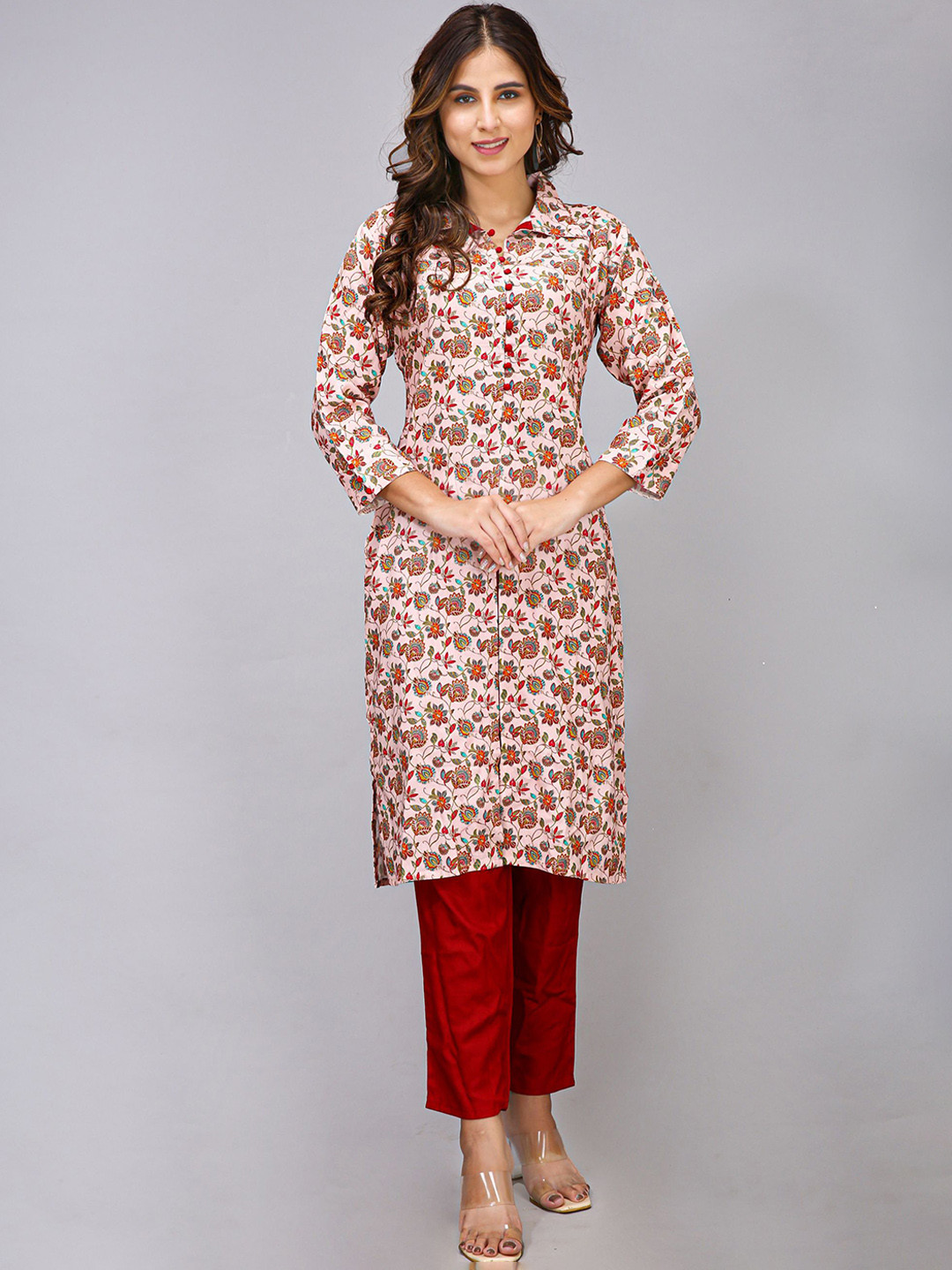 

Krimmple Floral Printed Shirt Collar Straight Kurta With Trousers, Pink