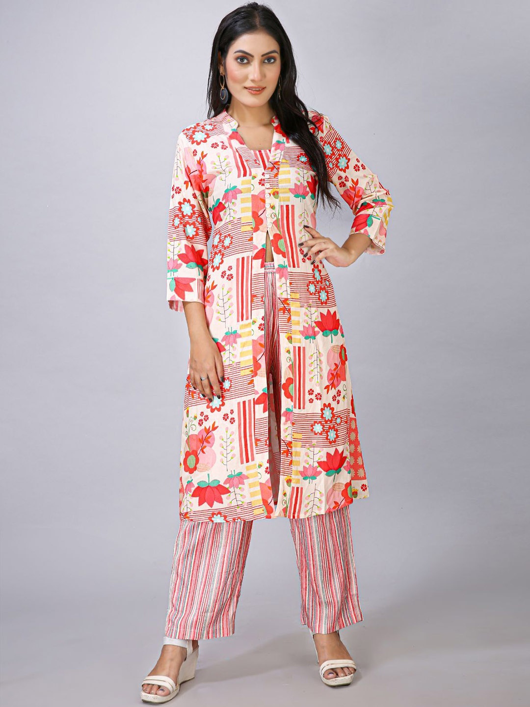 

Krimmple Floral Printed Shirt Collar Top With Trousers And Jacket, Pink