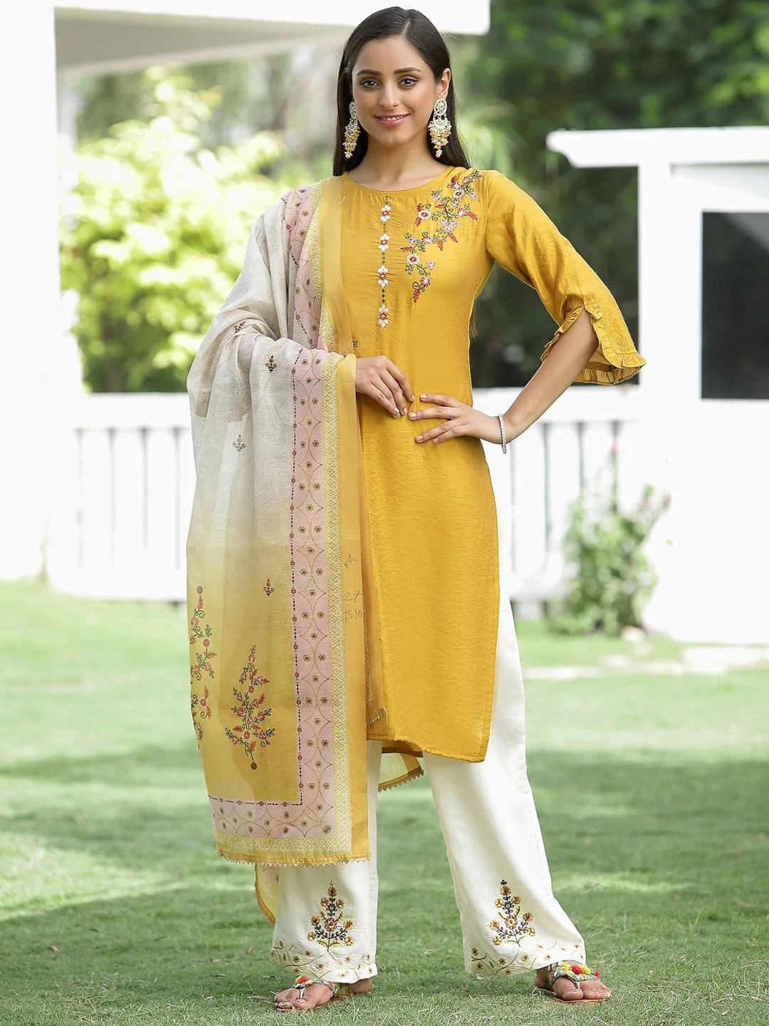 

Krimmple Round Neck Floral Chanderi Cotton Straight Kurta With Trousers & Dupatta, Mustard