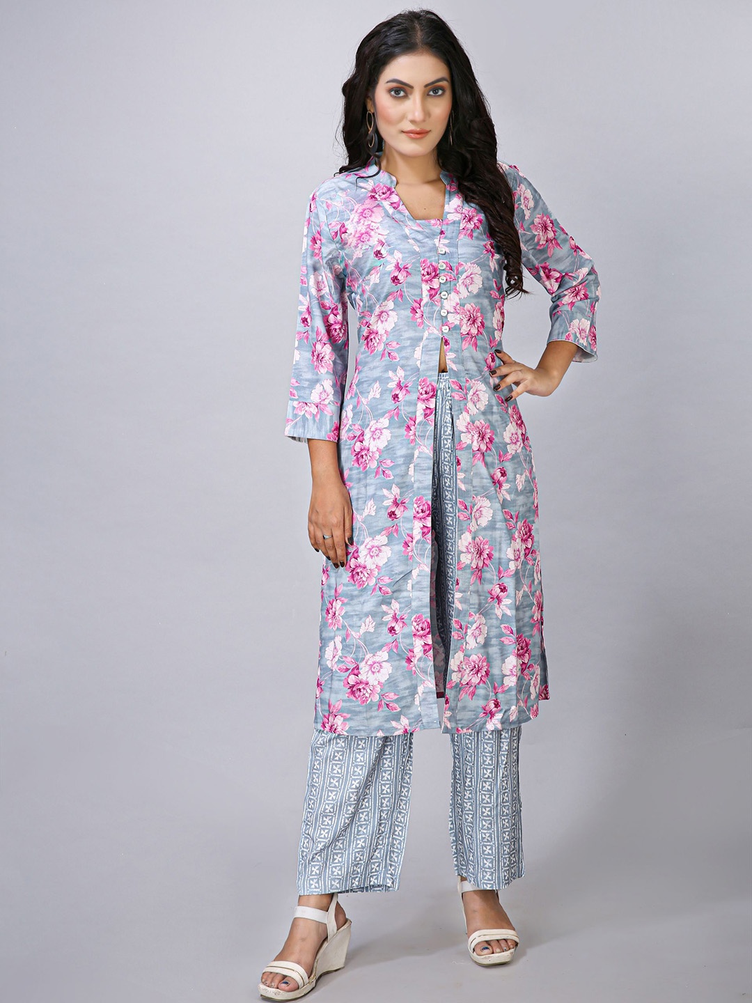 

Krimmple Floral Printed Shirt Collar Top With Trousers And Jacket, Grey