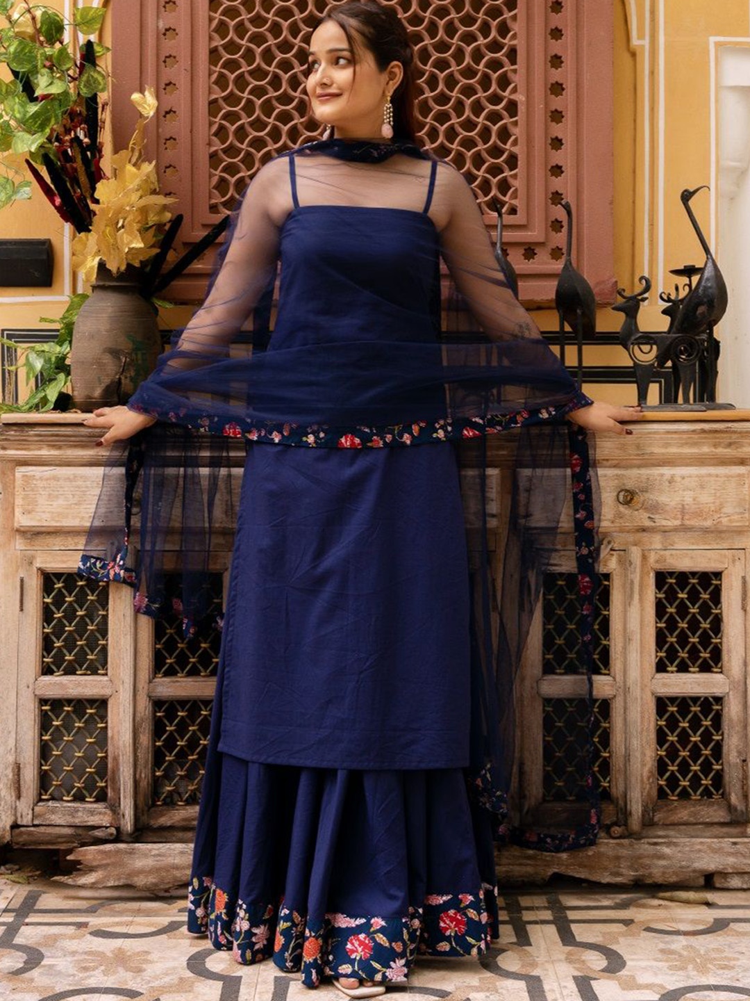 

Pomcha Pure Cotton Straight Kurta with Skirt And Dupatta, Blue