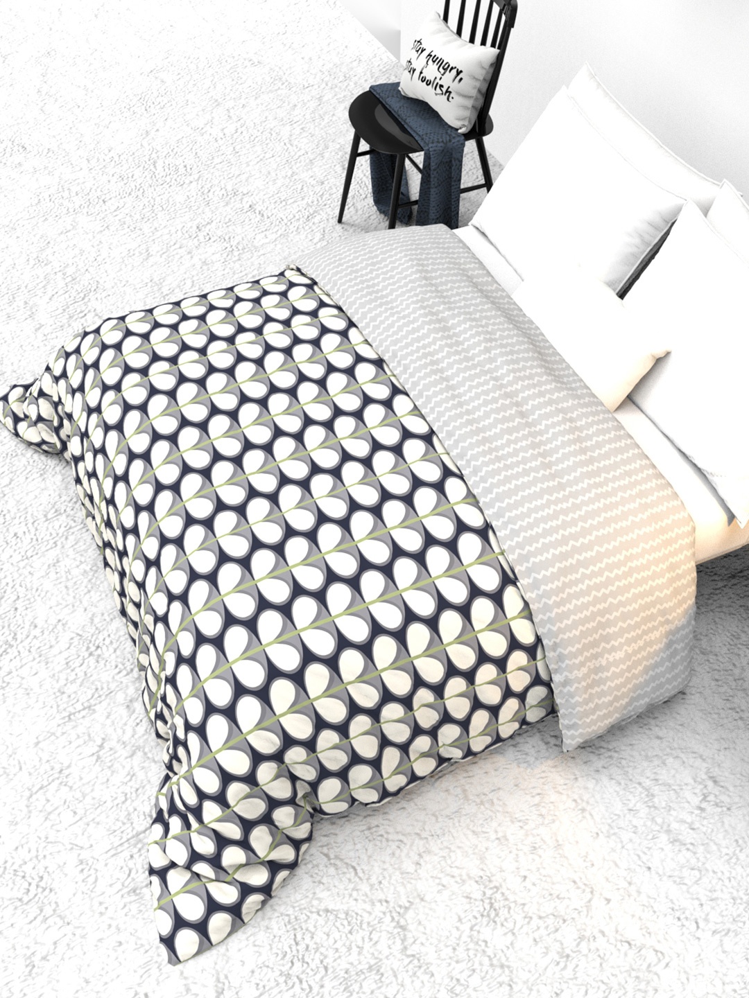 

THE WHITE MOSS White & Black Floral AC Room 150 GSM Reversible Double Bed Comforter