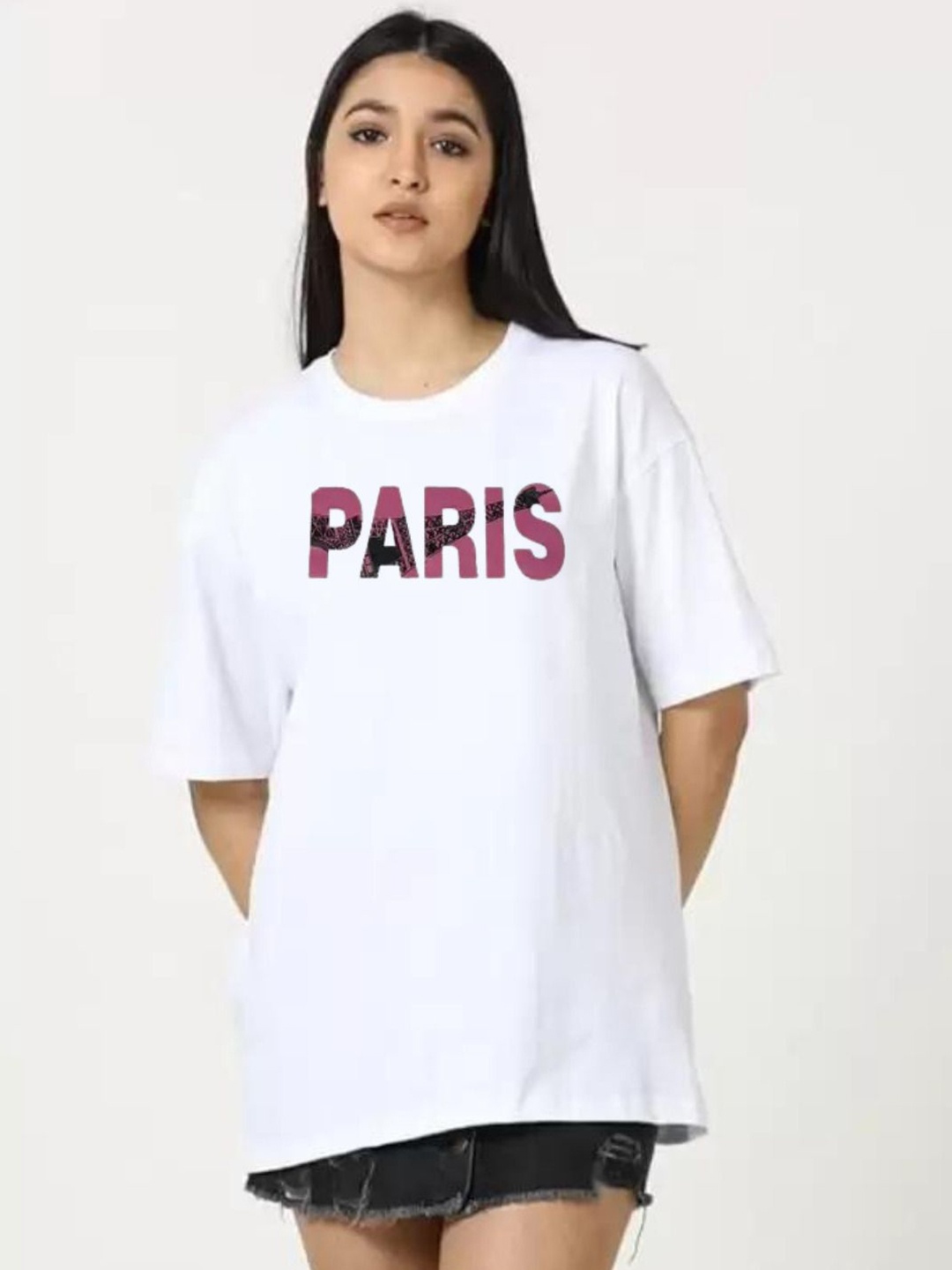 

SALUJA FABRICS Women Typography Printed Oversized Drop-Shoulder Cotton Casual T-shirt, White