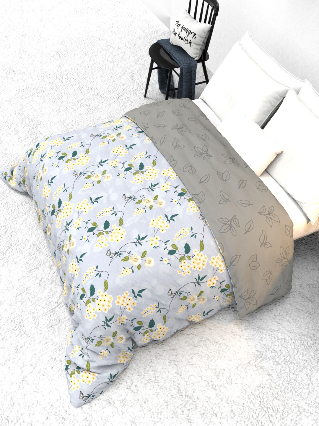 

THE WHITE MOSS Blue & Green Floral Heavy Winter 300 GSM Reversible Double Bed Quilt