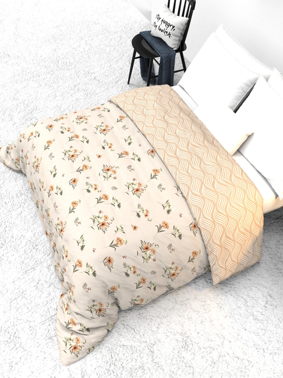 

THE WHITE MOSS Beige & Green Floral Heavy Winter 300 GSM Reversible Double Bed Quilt