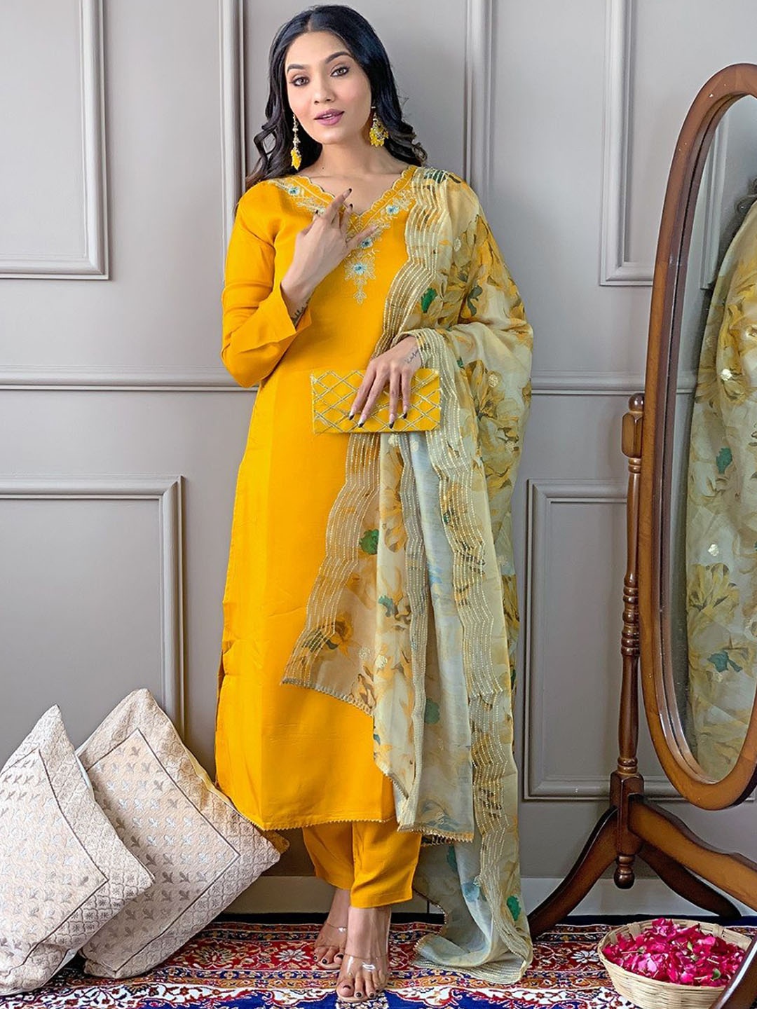 

BAESD Floral Embroidered V-Neck Straight Kurta With Trousers And Dupatta, Yellow