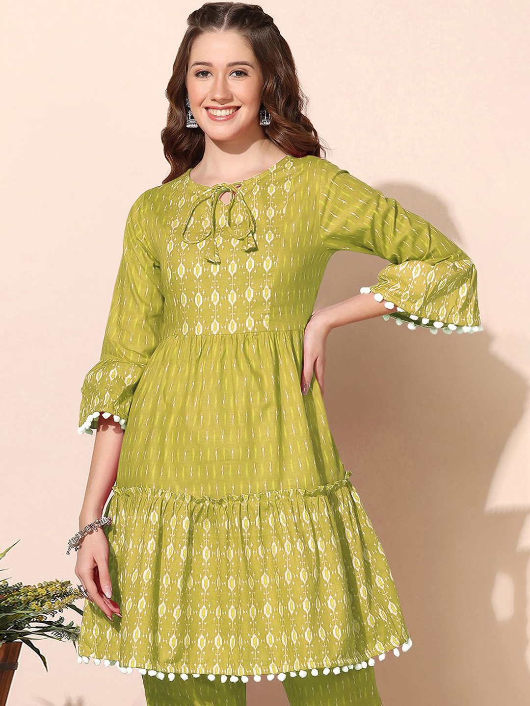 

BAESD Geometric Printed Tie-Up Neck Neck Ikat Pure Cotton Anarkali Kurta, Olive
