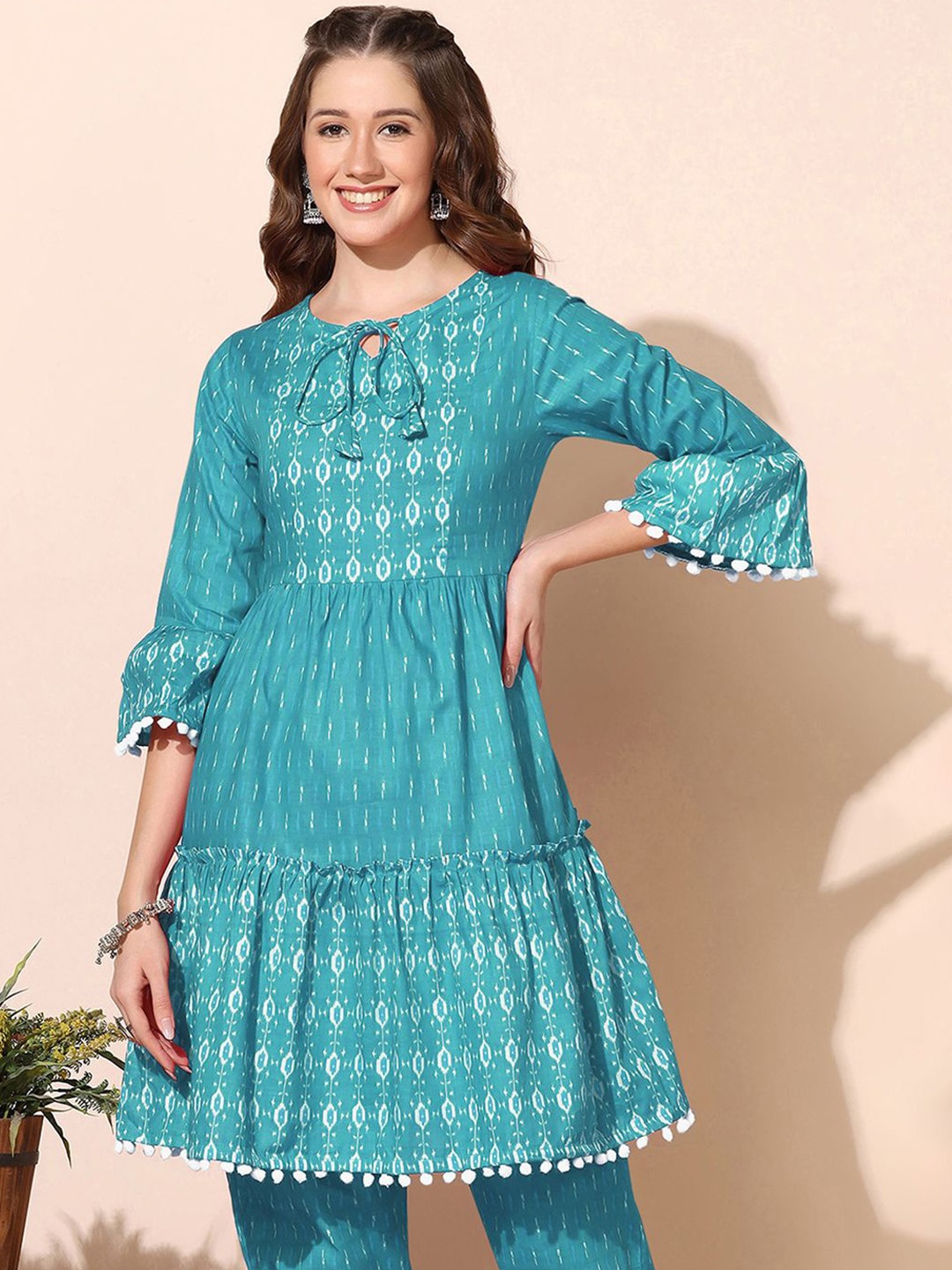 

BAESD Geometric Printed Keyhole Neck Ikat Pure Cotton Anarkali Kurta, Turquoise blue