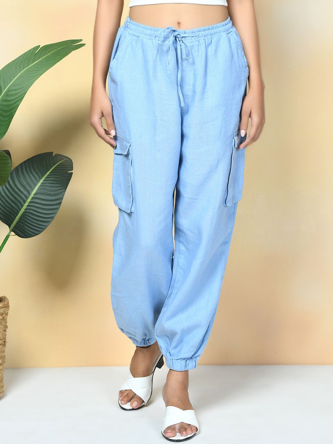 

Rimore Women Linen Comfort Mid-Rise Loose Fit Cargo Styles Joggers Trousers, Blue