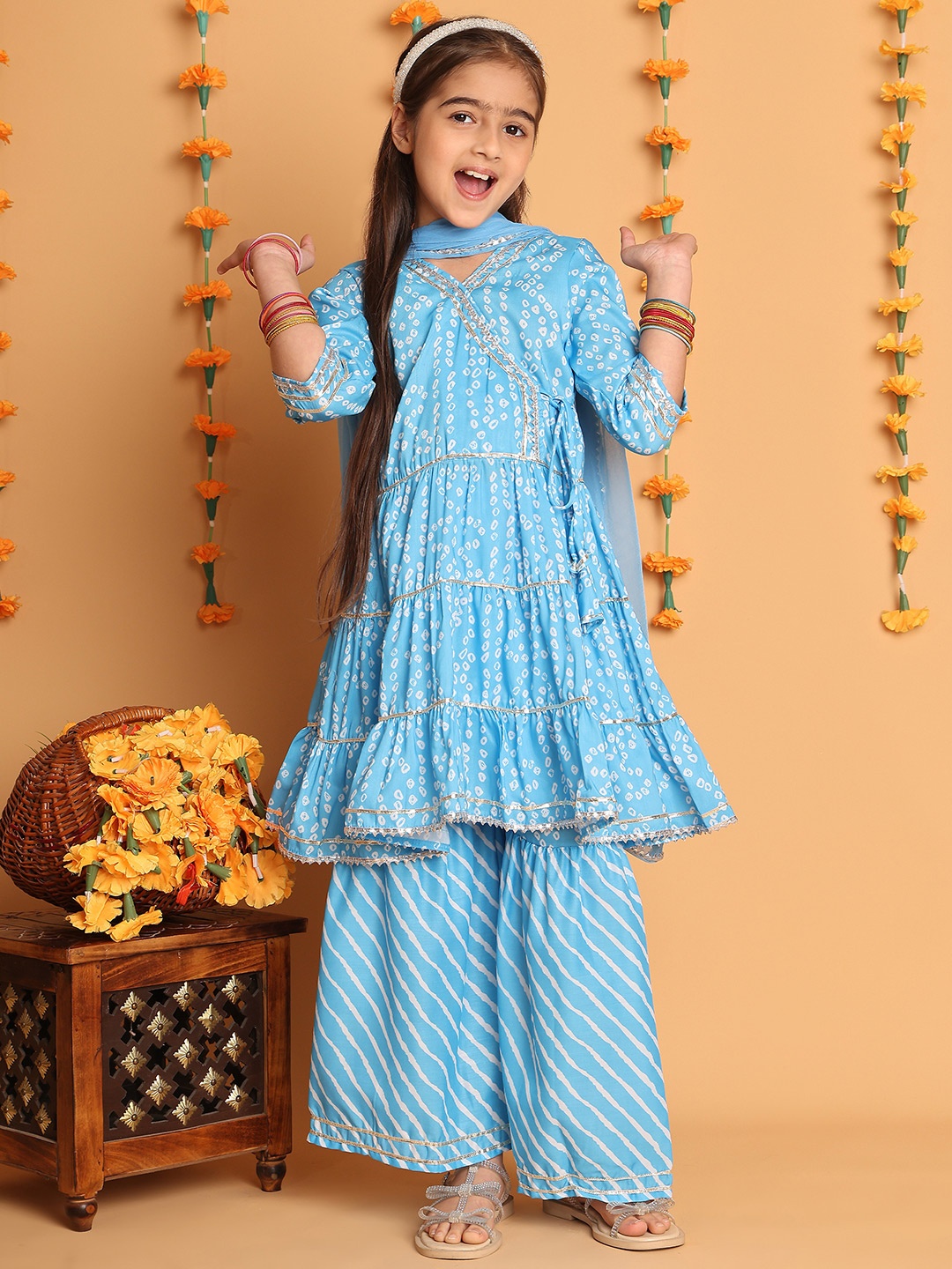 

Little Zing Girls Bandhani Printed Gotta Patti Angrakha Kurta With Sharara & Dupatta, Blue