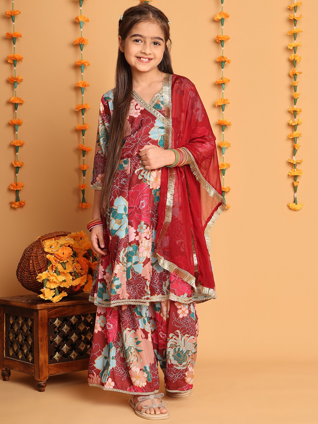 

Little Zing Girls Floral Printed Angrakha Gotta Patti Kurta with Palazzos & With Dupatta, Maroon