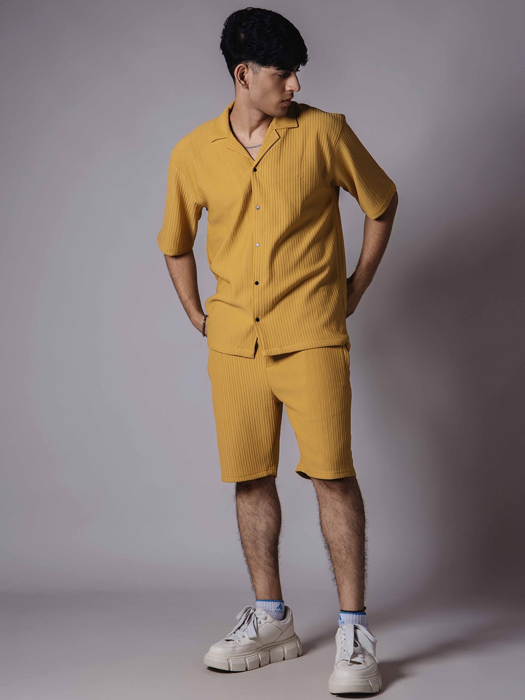 

HOP HEAD Striped Shirt Collar Pure Cotton Shirt With Shorts, Mustard