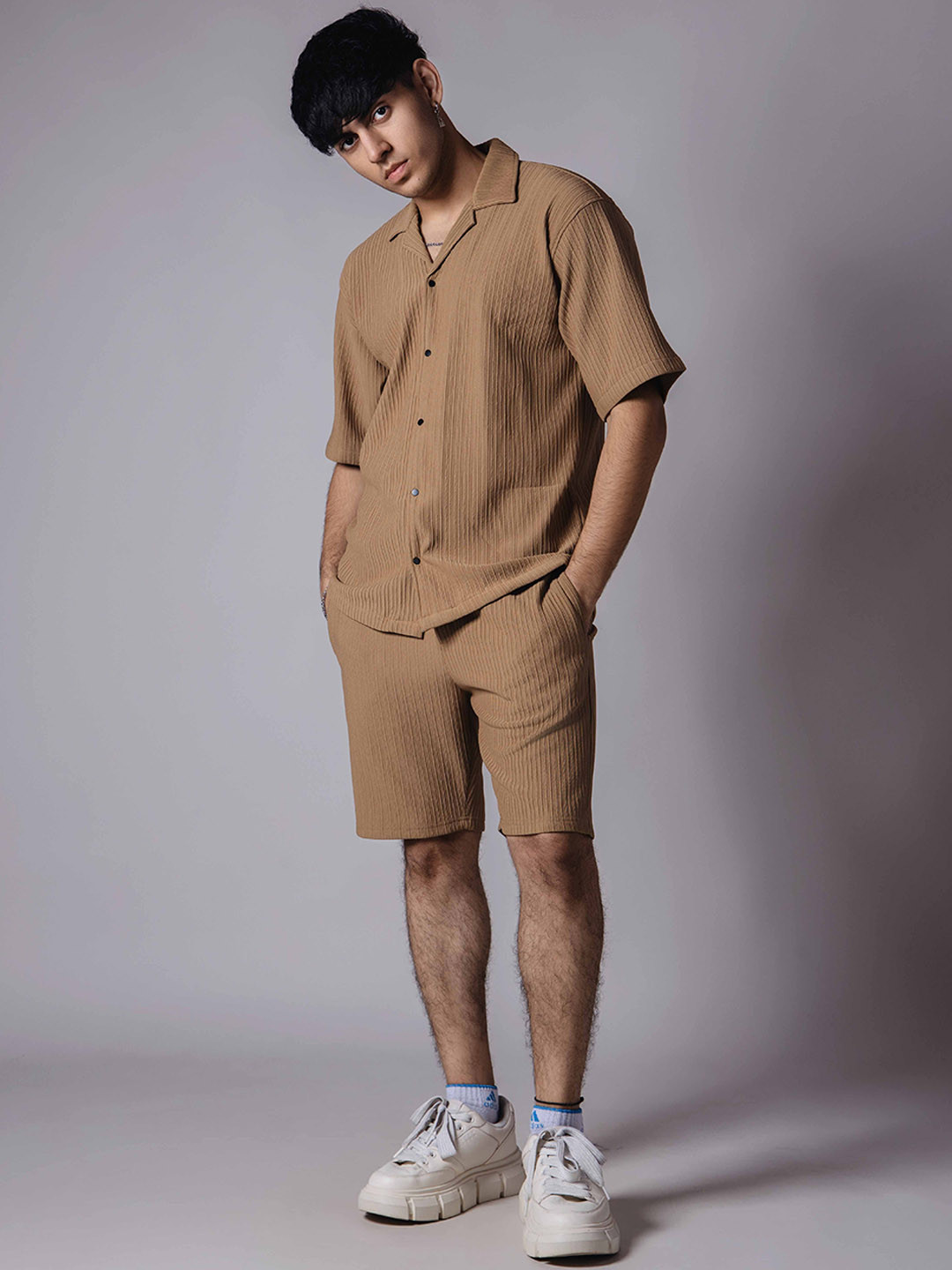 

HOP HEAD Striped Cuban Collar Pure Cotton Shirt with Shorts, Beige