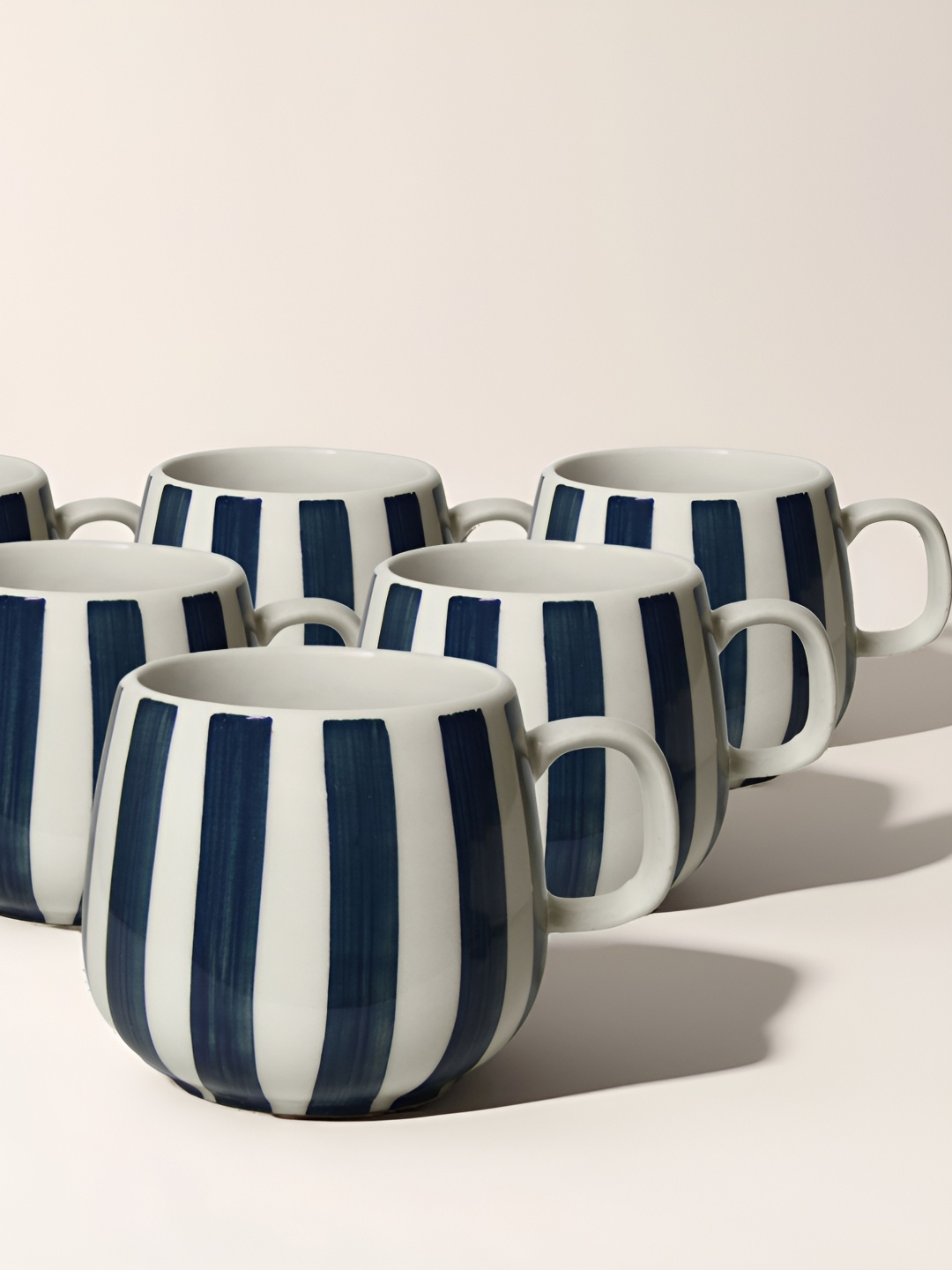 

MODEFE Navy Blue & White Striped Ceramic Glossy Tea Cups 300ml Each