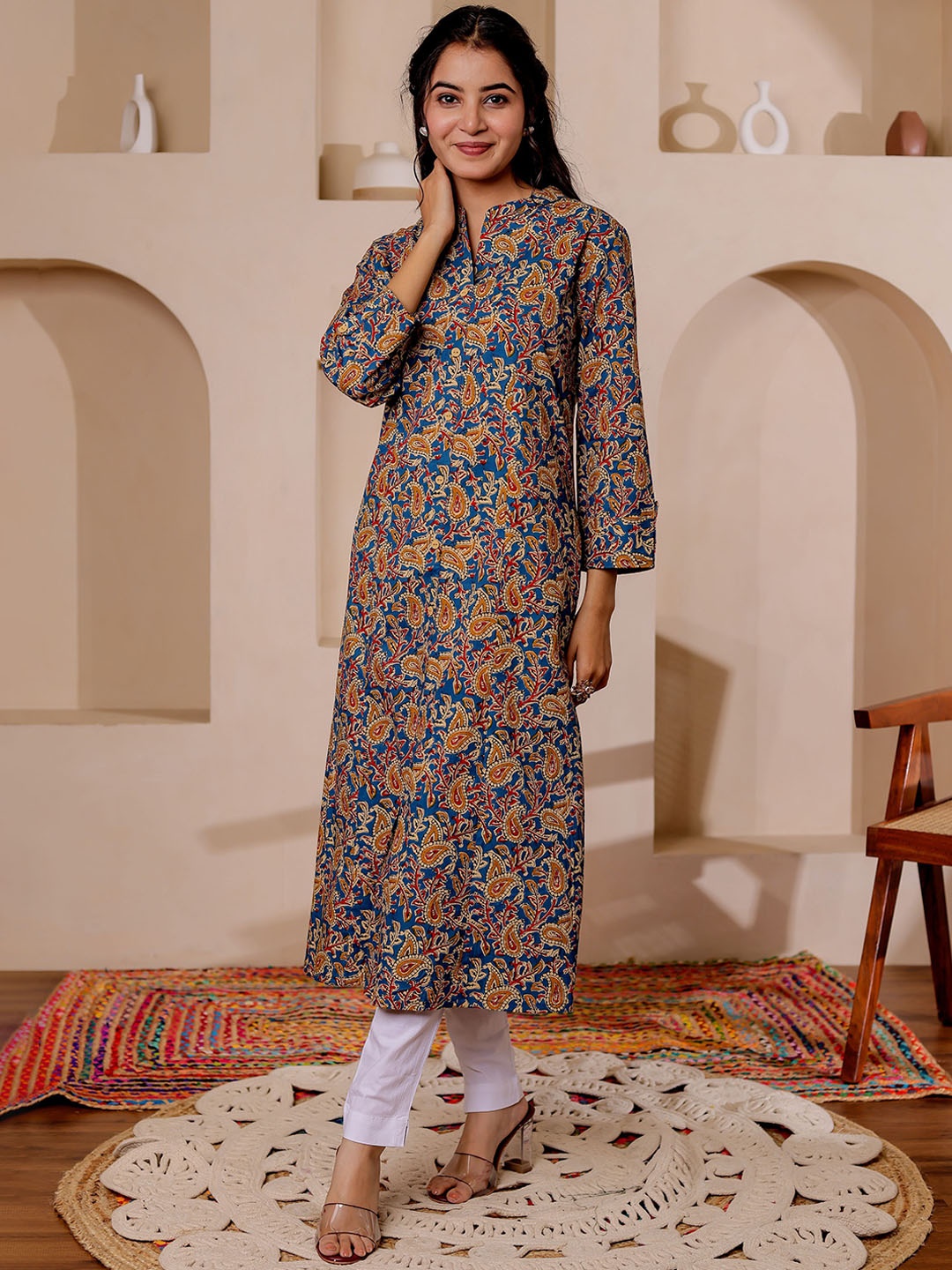 Chandbaali Women Ethnic Motifs Printed Pure Cotton Mandarin Collar A-Line Kurta, Blue