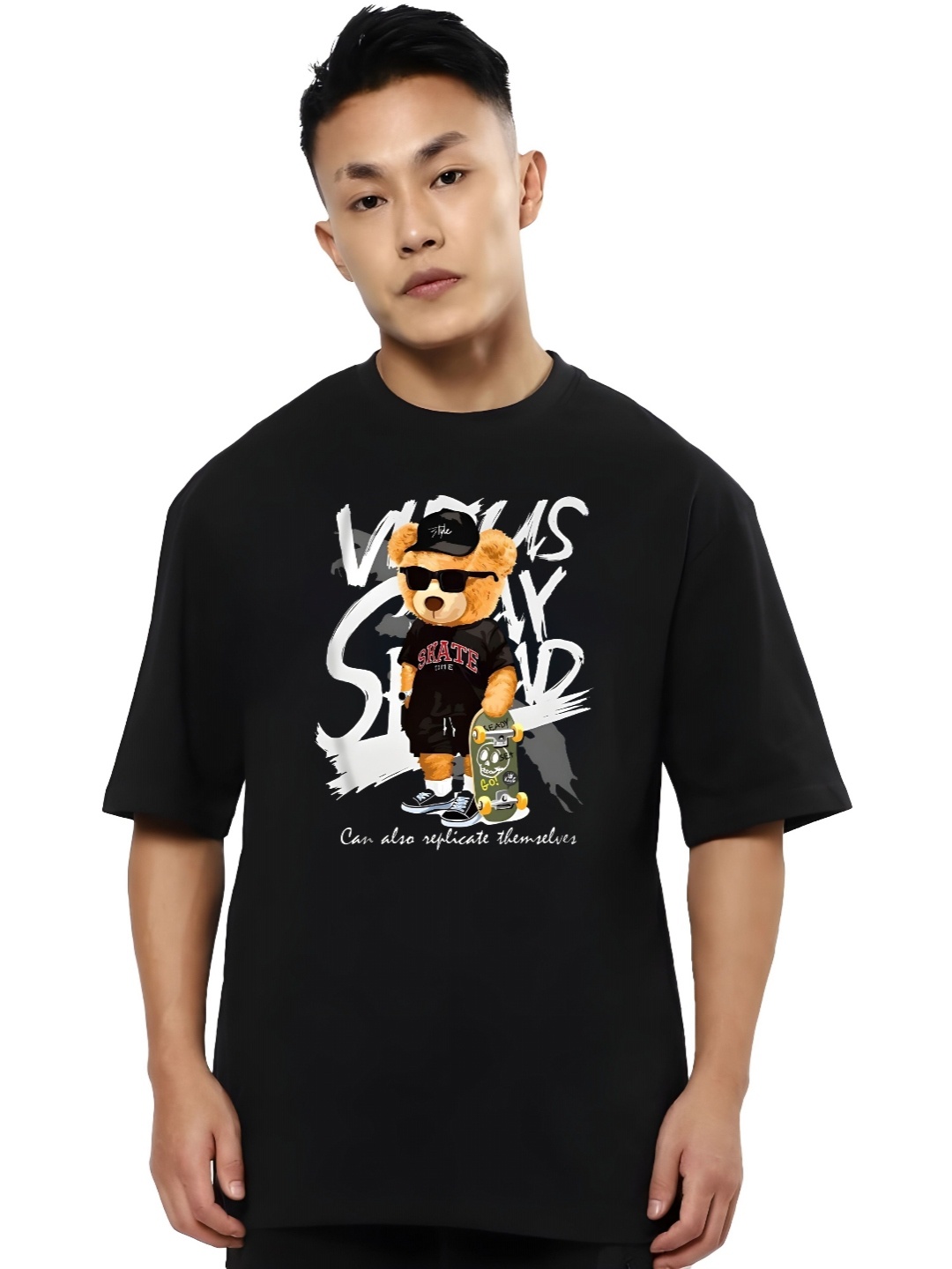 

KAIDO Men Graphic Printed Round Neck Cotton Oversized T-shirt, Black