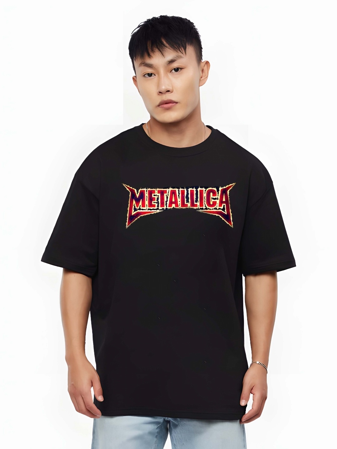 

KAIDO Men Typography Printed Round Neck Cotton Oversized T-shirt, Black