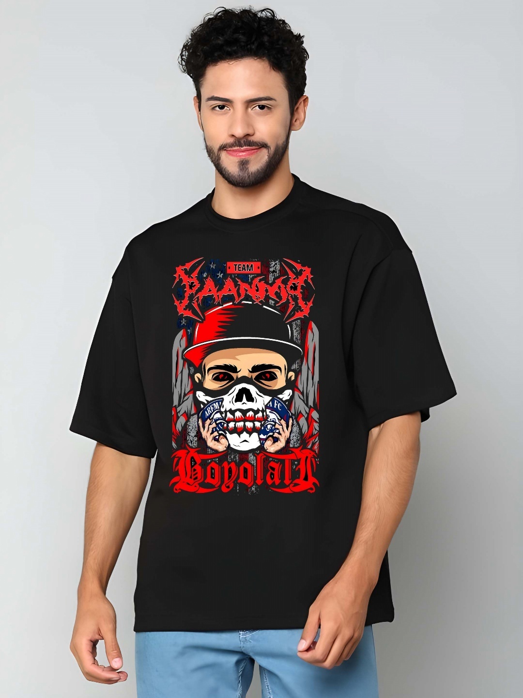 

KAIDO Men Graphic Printed Round Neck Cotton Oversized Fit T-shirt, Black