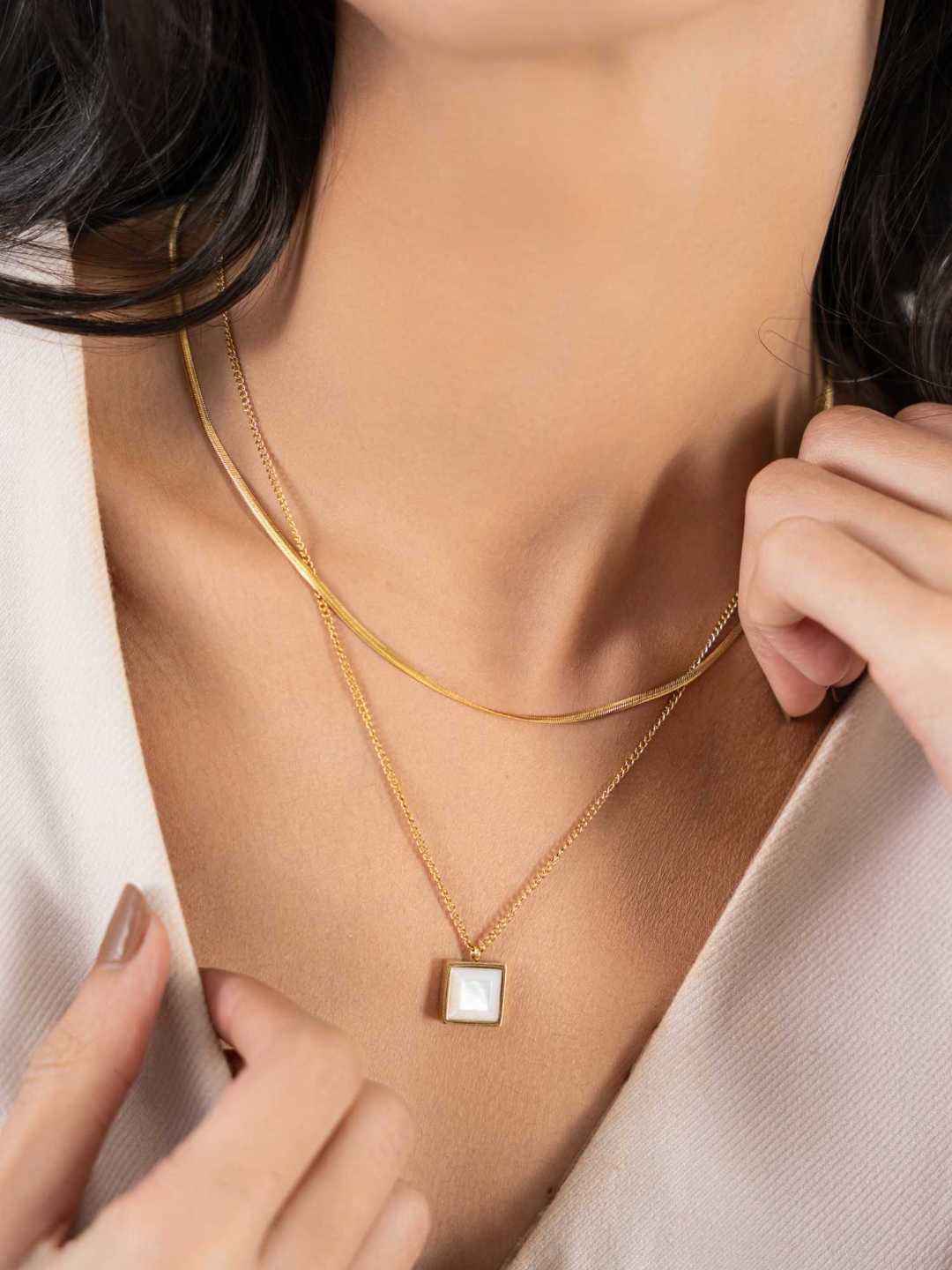 

ZAISHA 18KT Gold Plated Stainless Steel Enamel Herringbone Layered Necklace