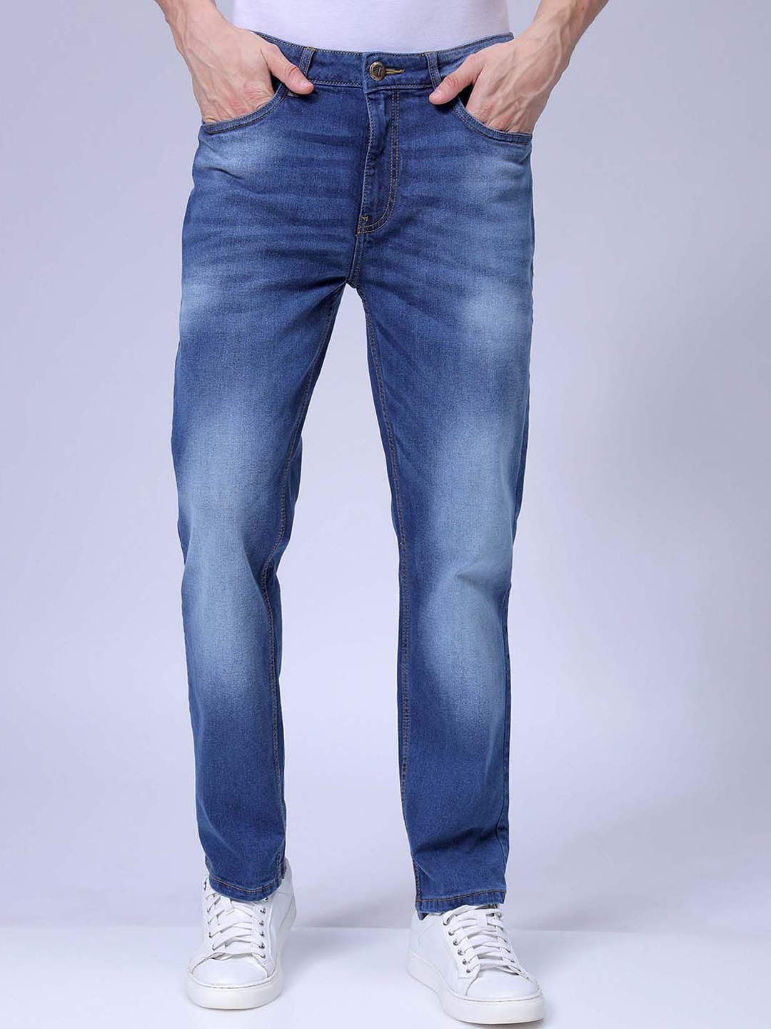 

The Indian Garage Co Men Slim Fit Mid-Rise Heavy Fade Stretchable Jeans, Blue