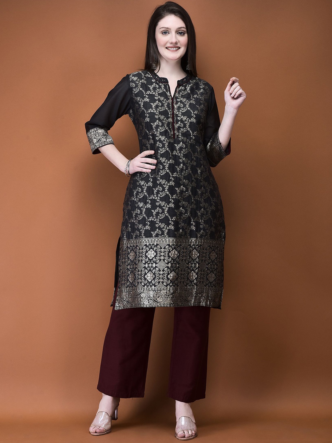 

Shree Floral Woven Design Mandarin Collar Flared Sleeves Straight Kurta With Trousers, Black