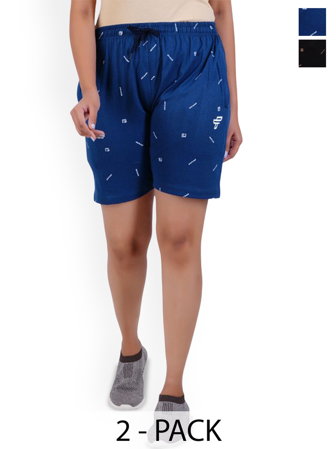 

FEEL TRACK Women Pack Of 2 Typography Printed Mid-Rise Casual Shorts, Blue
