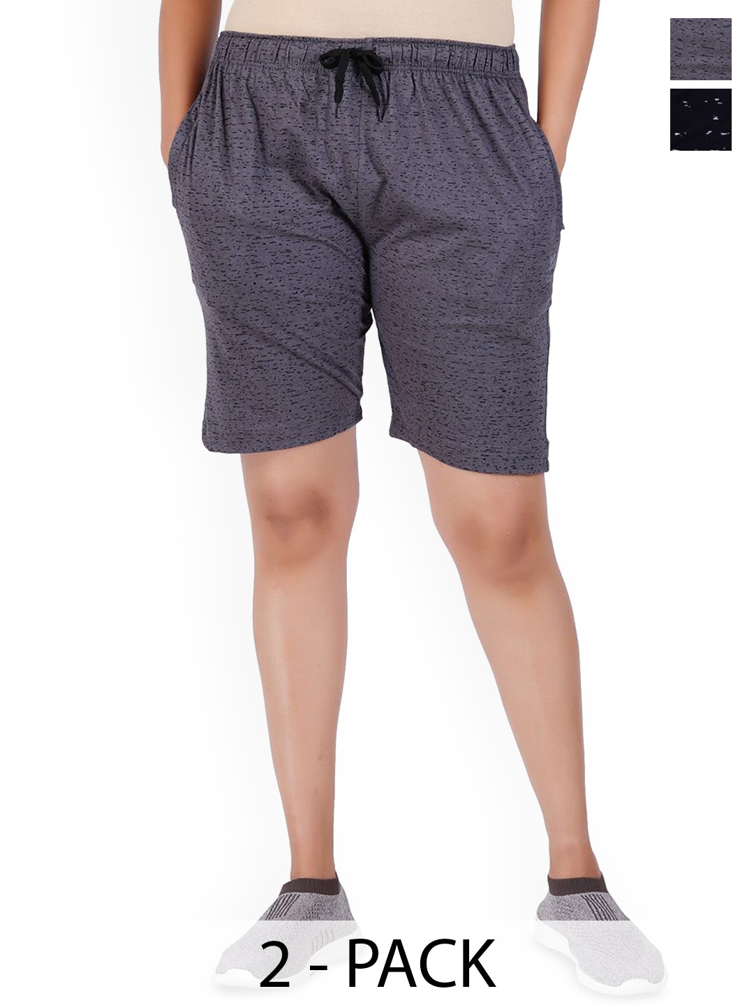 

FEEL TRACK Women Pack Of 2 Cotton Mid-Rise Printed Shorts, Black
