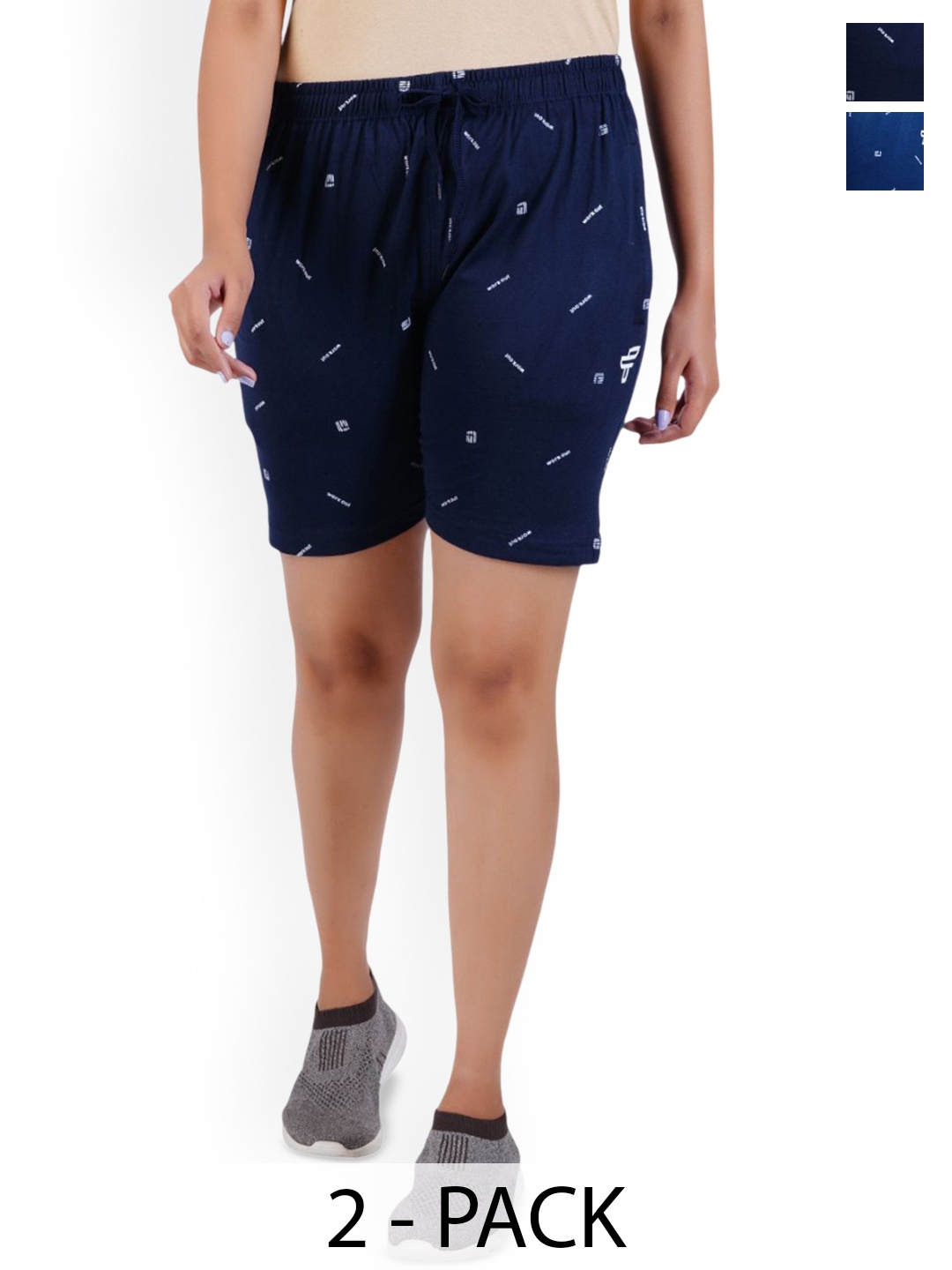 

FEEL TRACK Women Pack Of 2 Printed Regular Fit Mid-Rise Outdoor Shorts, Navy blue