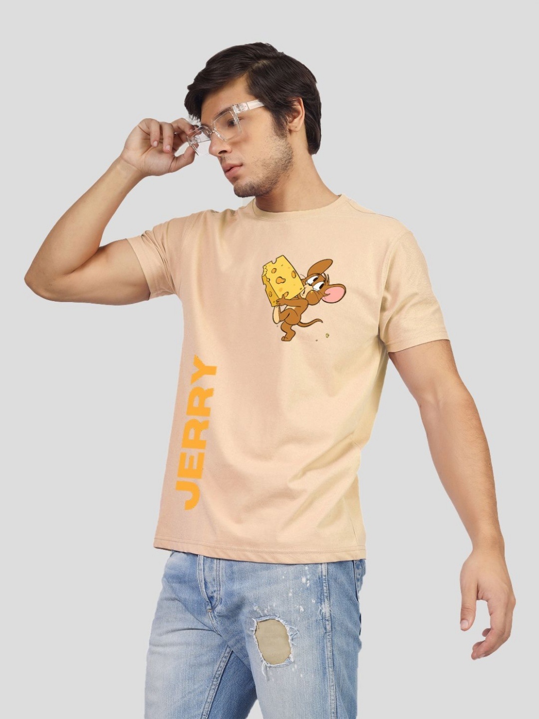 

Greylongg Men Tom & jerry Graphic Printed Round Neck Cotton T-shirt, Peach