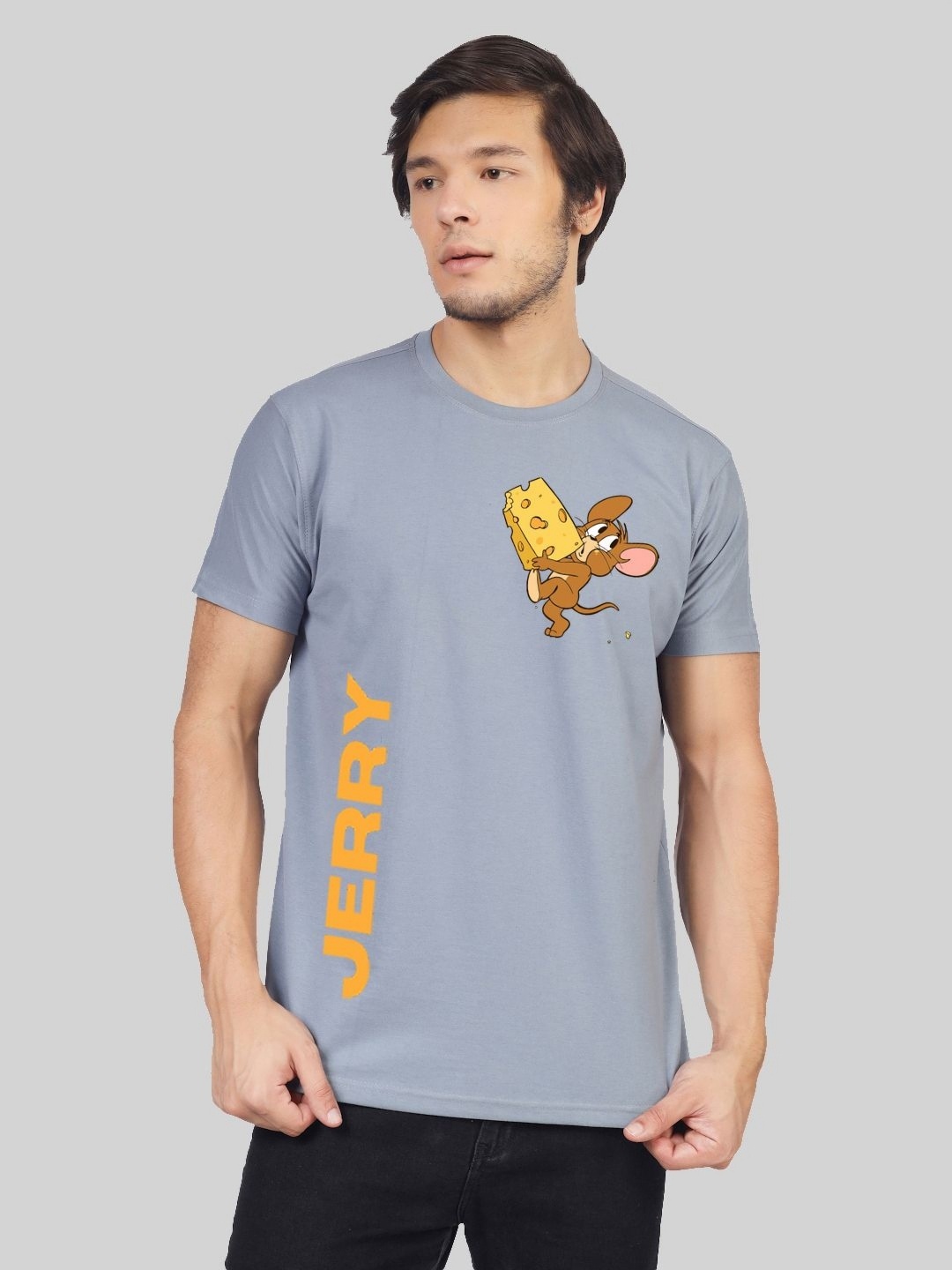 Greylongg Men Tom & jerry Graphic Printed Round Neck Cotton T-shirt, Grey