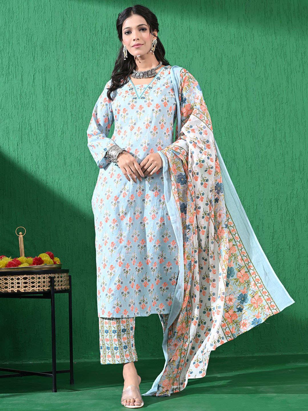 

filora Floral Printed V-Neck Straight Pure Cotton Kurta With Trousers And Dupatta, Blue