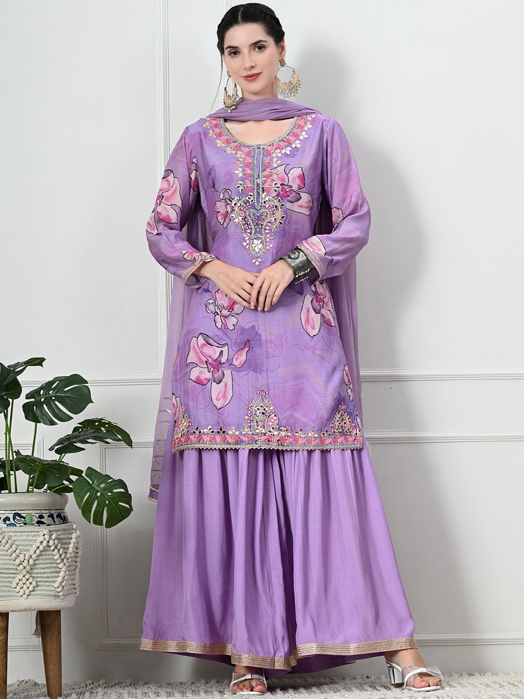 

filora Floral Printed Mirror Work Straight Kurta With Sharara And Dupatta, Lavender